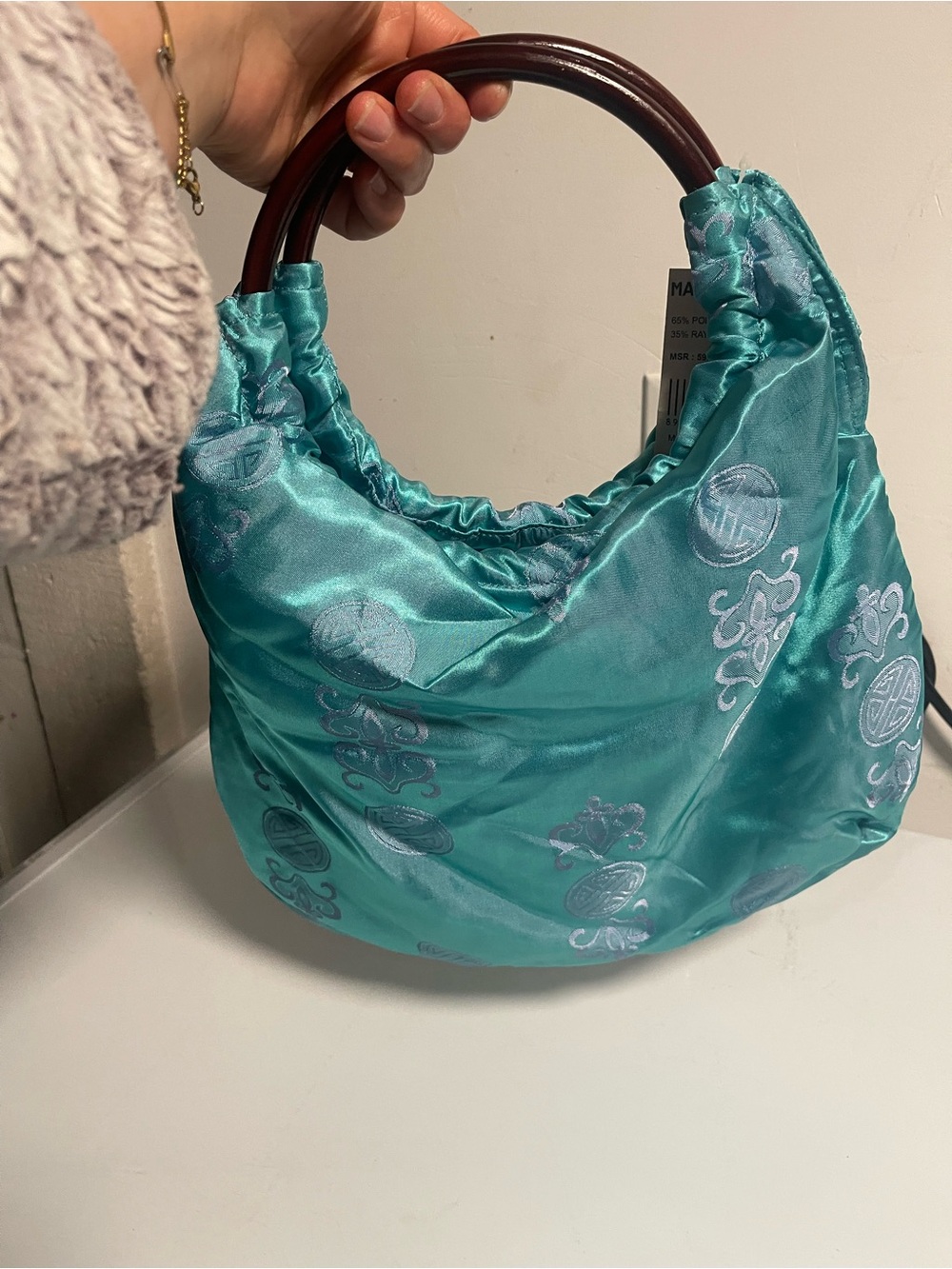 Turquoise Satin Handle Bag with Wood-Style Handles
